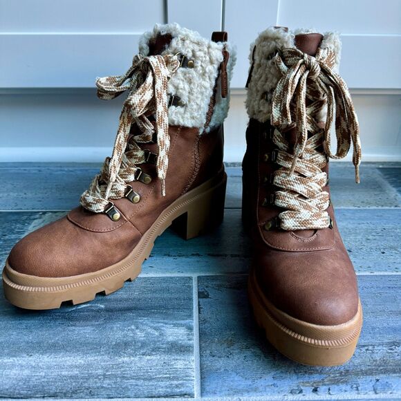 Circus Sam Edelman Brown Combat Boots Warm Faux Fur Rubber Sole Lace and Zip Up - Picture 7 of 8